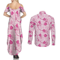 Anthurium Pikake Ti Leaf Palaka Couples Matching Summer Maxi Dress and Long Sleeve Button Shirt Pink Version LT01 - Polynesian Pride