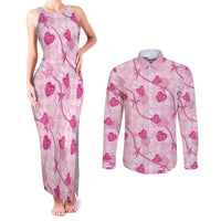 Anthurium Pikake Ti Leaf Palaka Couples Matching Tank Maxi Dress and Long Sleeve Button Shirt Pink Version LT01 Pink - Polynesian Pride