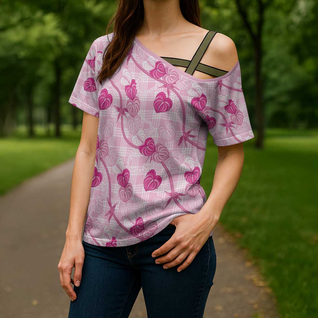 Anthurium Pikake Ti Leaf Palaka Cross Shoulder Shirt Pink Version LT01 - Polynesian Pride