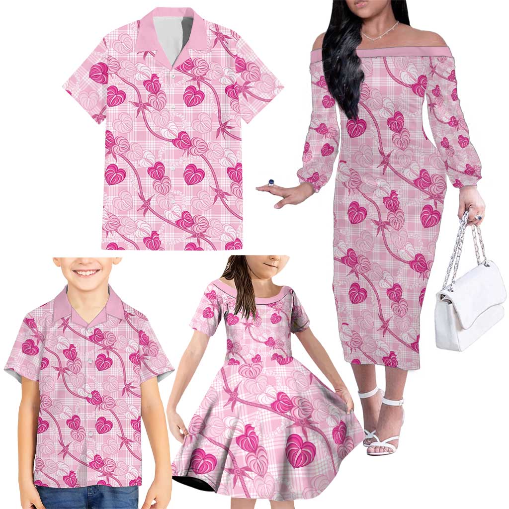Anthurium Pikake Ti Leaf Palaka Family Matching Off The Shoulder Long Sleeve Dress and Hawaiian Shirt Pink Version LT01 - Polynesian Pride
