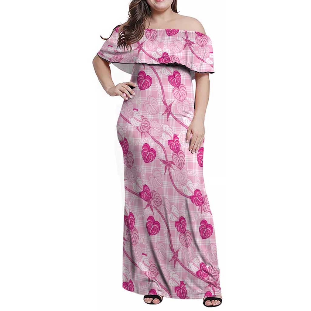 Anthurium Pikake Ti Leaf Palaka Family Matching Off Shoulder Maxi Dress and Hawaiian Shirt Pink Version LT01 Mom's Dress Pink - Polynesian Pride