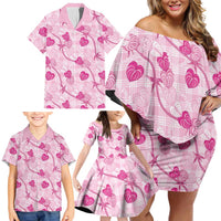 Anthurium Pikake Ti Leaf Palaka Family Matching Off Shoulder Short Dress and Hawaiian Shirt Pink Version