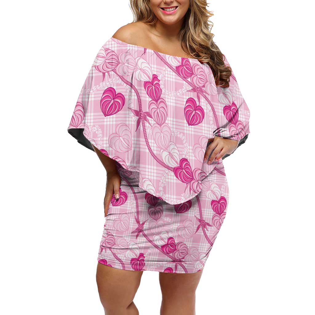 Anthurium Pikake Ti Leaf Palaka Family Matching Off Shoulder Short Dress and Hawaiian Shirt Pink Version