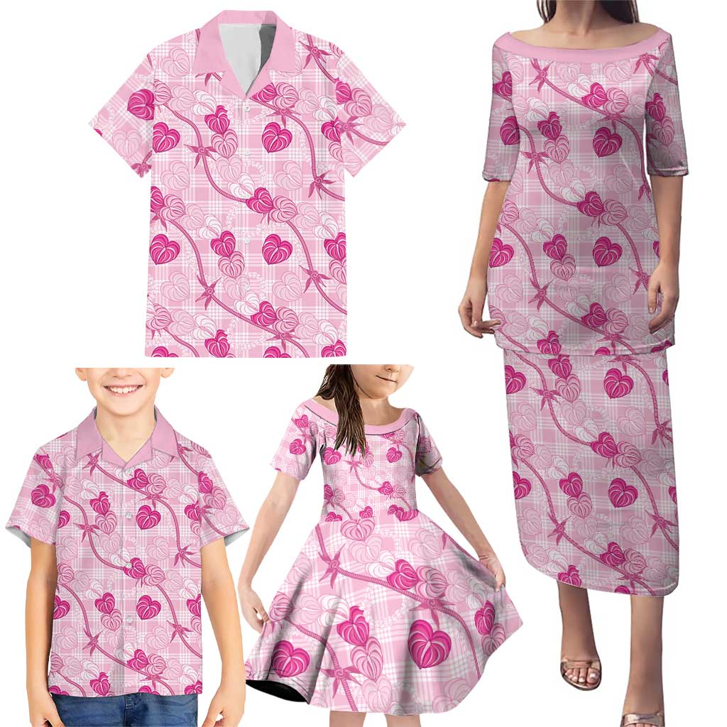 Anthurium Pikake Ti Leaf Palaka Family Matching Puletasi and Hawaiian Shirt Pink Version LT01 - Polynesian Pride