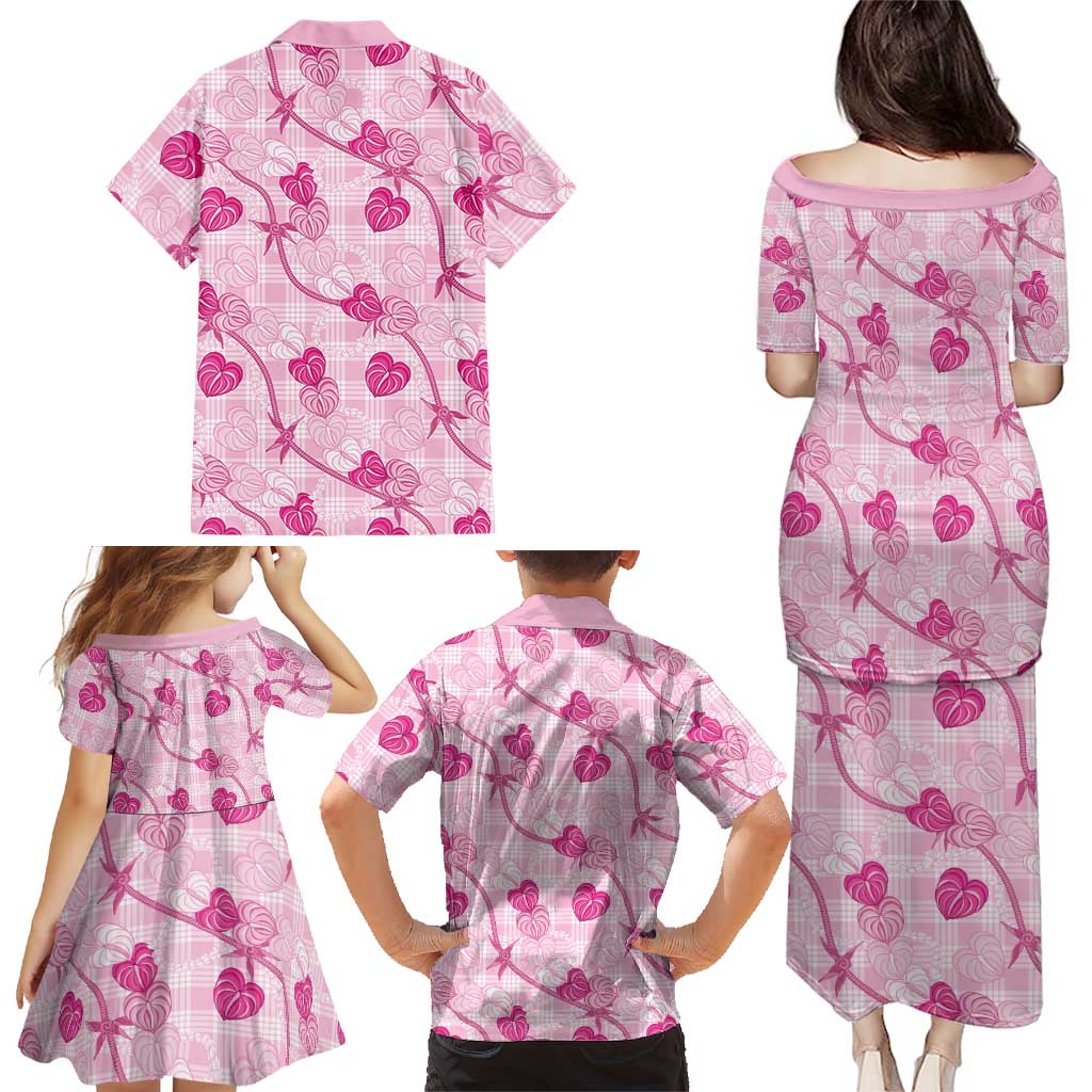 Anthurium Pikake Ti Leaf Palaka Family Matching Puletasi and Hawaiian Shirt Pink Version LT01 - Polynesian Pride