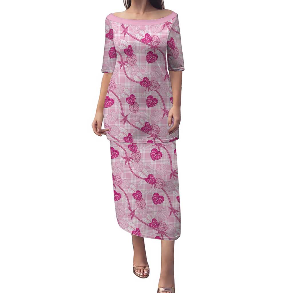 Anthurium Pikake Ti Leaf Palaka Family Matching Puletasi and Hawaiian Shirt Pink Version LT01 Mom's Dress Pink - Polynesian Pride