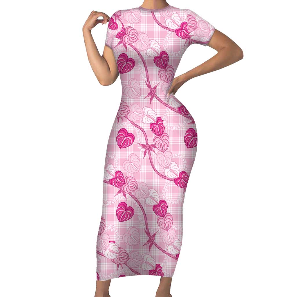 Anthurium Pikake Ti Leaf Palaka Family Matching Short Sleeve Bodycon Dress and Hawaiian Shirt Pink Version