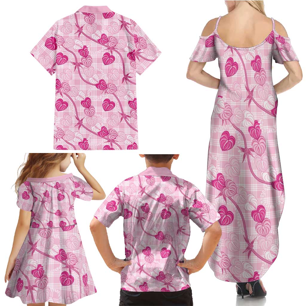Anthurium Pikake Ti Leaf Palaka Family Matching Summer Maxi Dress and Hawaiian Shirt Pink Version LT01 - Polynesian Pride