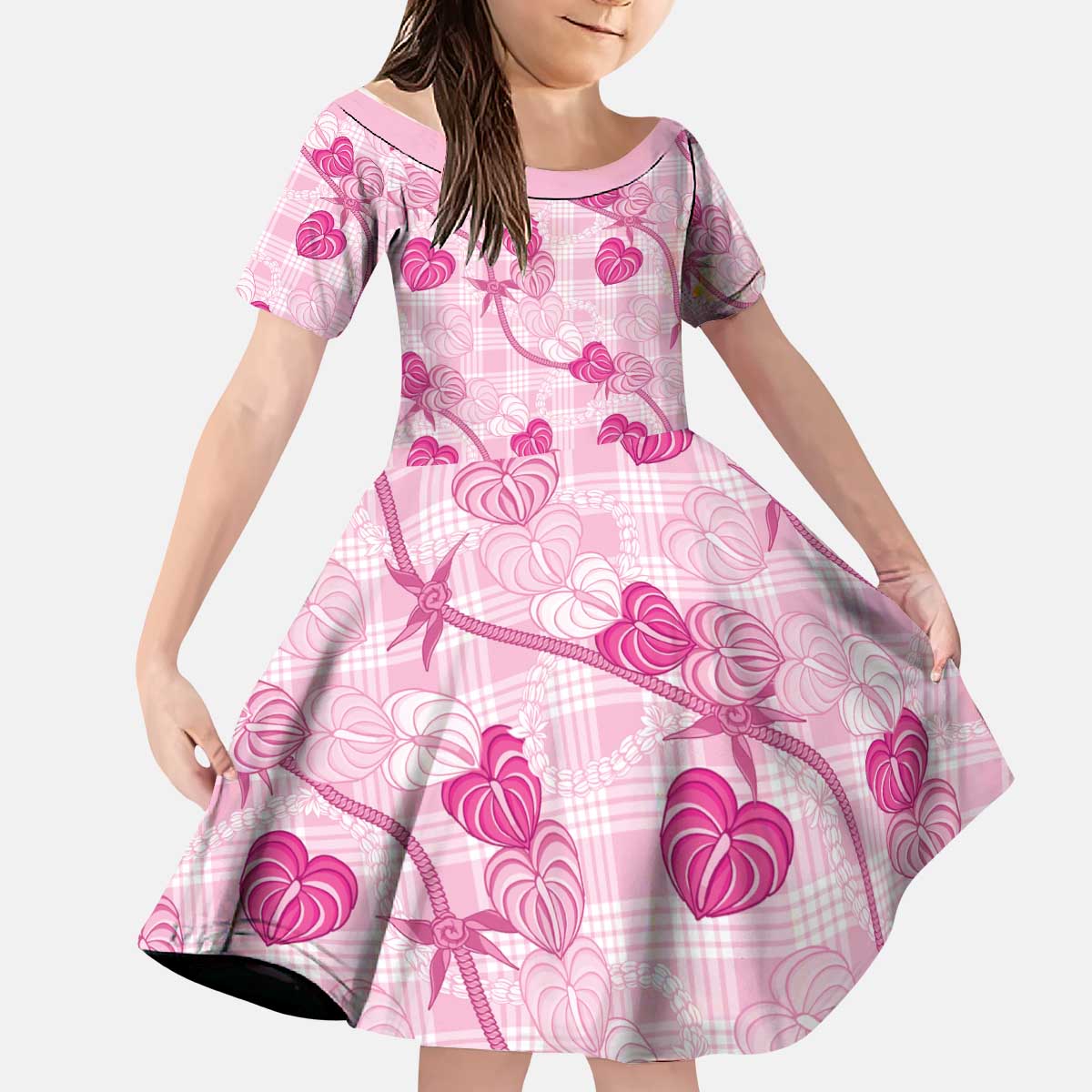 Anthurium Pikake Ti Leaf Palaka Kid Short Sleeve Dress Pink Version