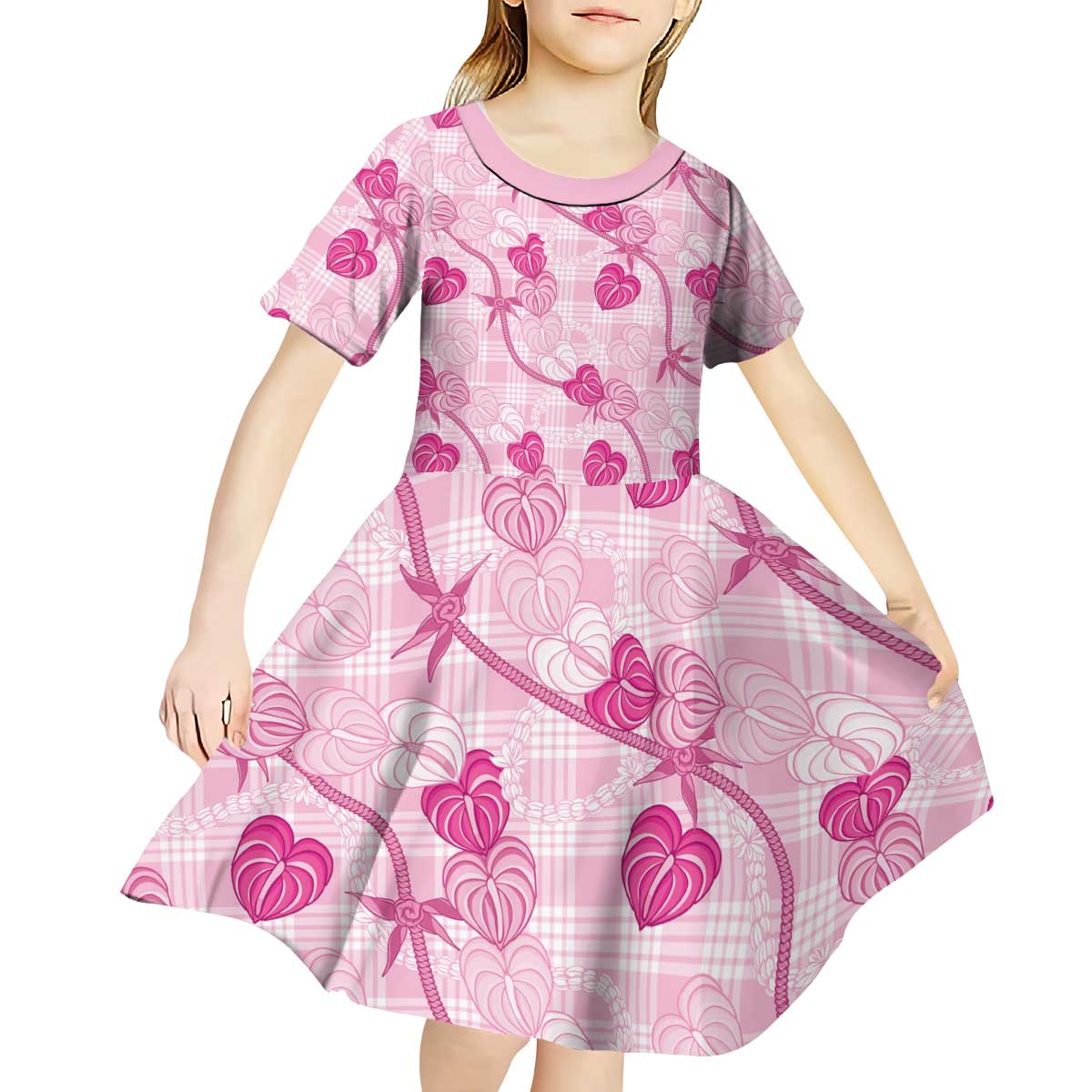 Anthurium Pikake Ti Leaf Palaka Kid Short Sleeve Dress Pink Version