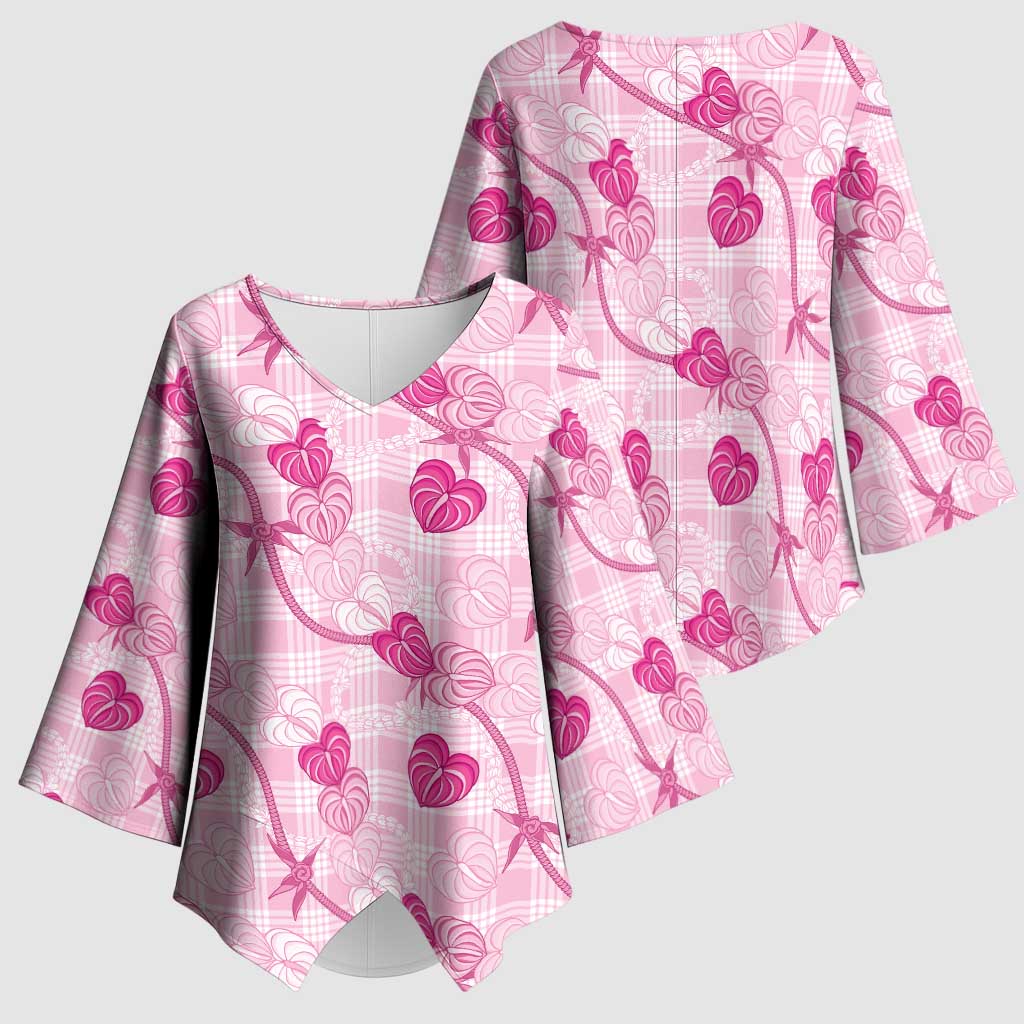 Anthurium Pikake Ti Leaf Palaka Kimono Sleeve Blouse Pink Version LT01 - Polynesian Pride