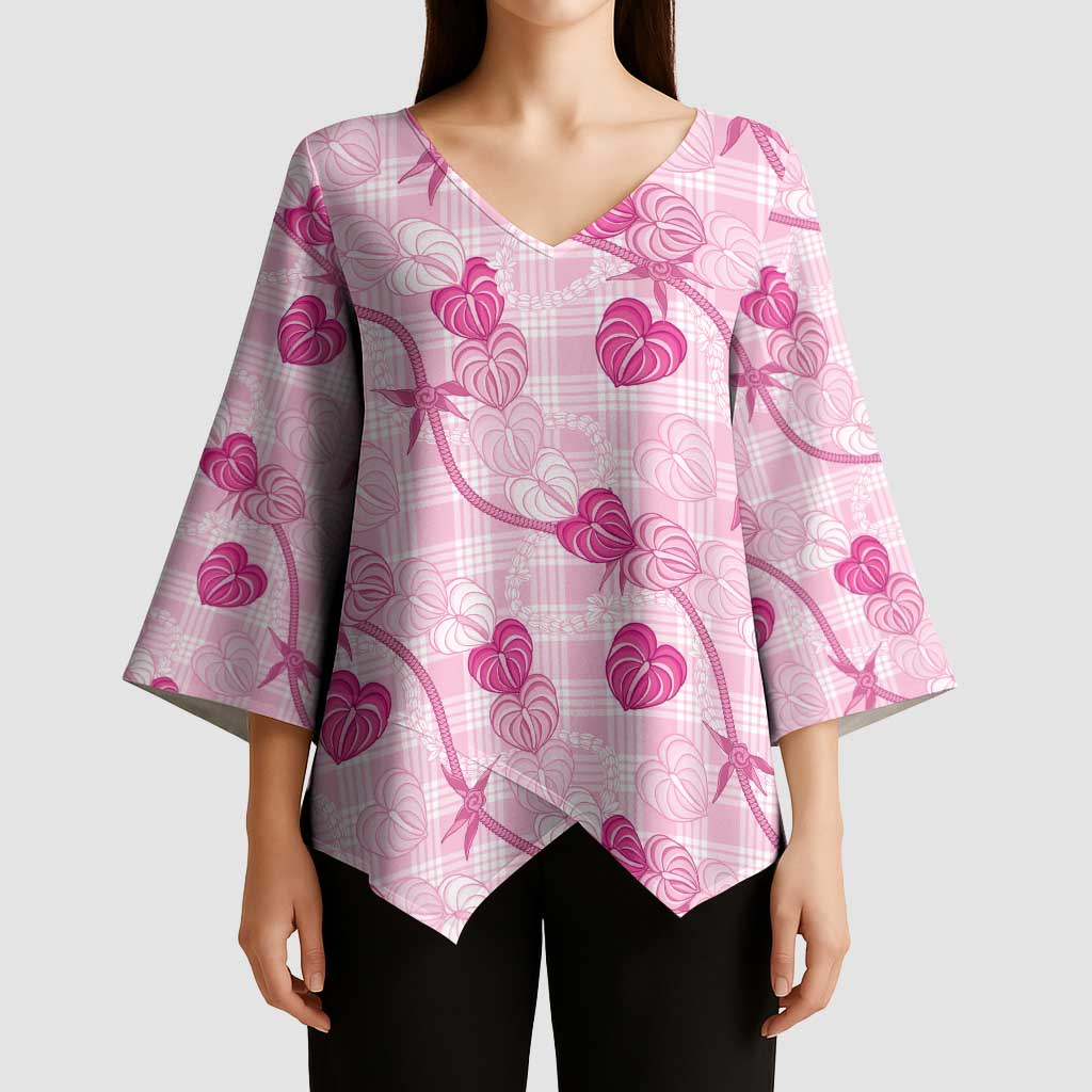 Anthurium Pikake Ti Leaf Palaka Kimono Sleeve Blouse Pink Version LT01 - Polynesian Pride
