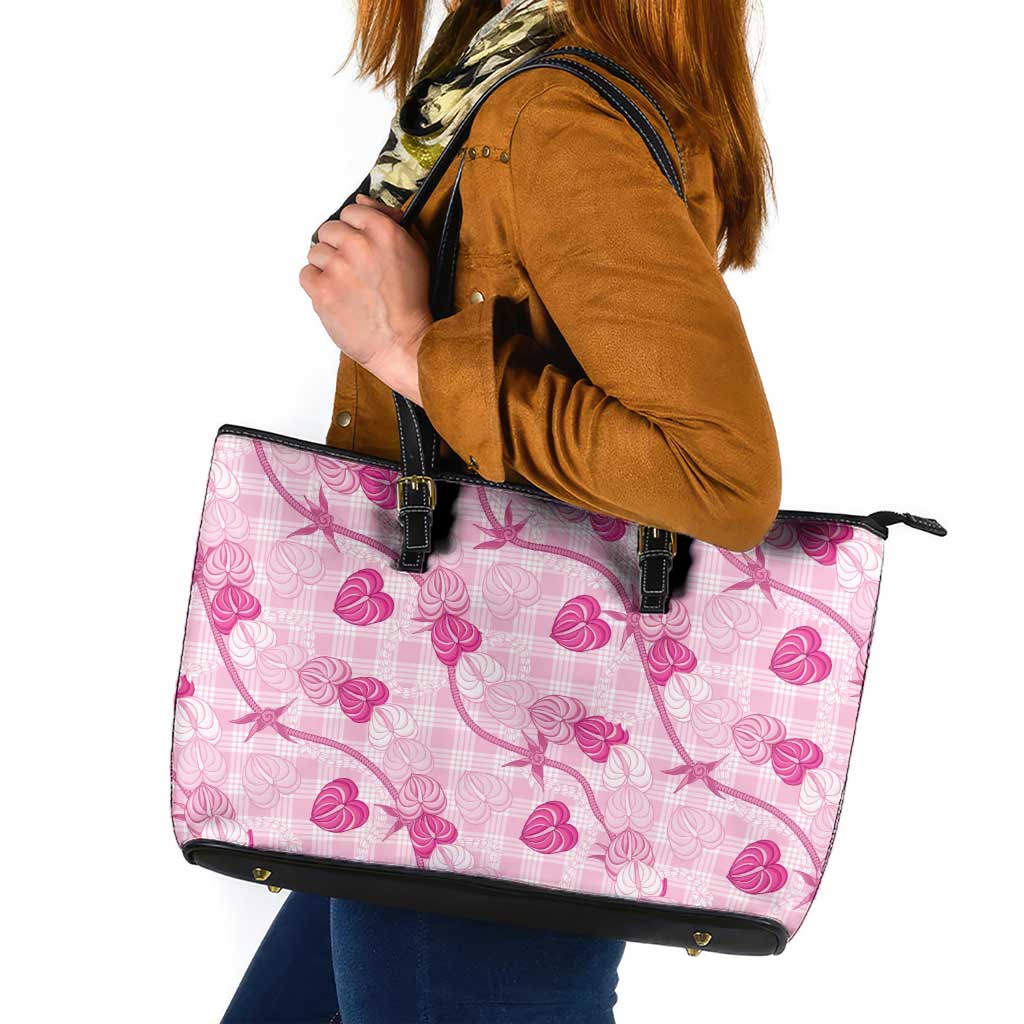 Anthurium Pikake Ti Leaf Palaka Leather Tote Bag Pink Version LT01 Pink - Polynesian Pride