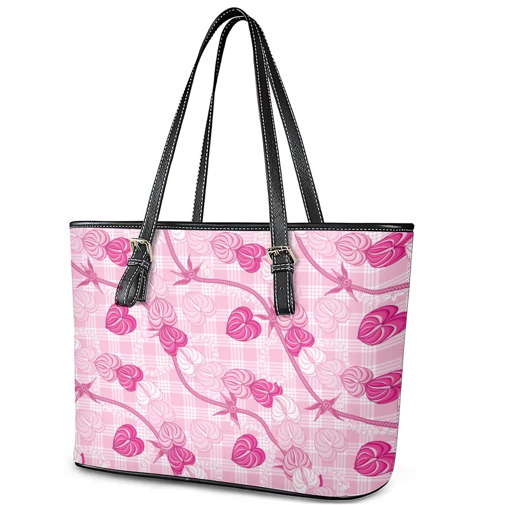 Anthurium Pikake Ti Leaf Palaka Leather Tote Bag Pink Version LT01 - Polynesian Pride