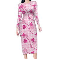 Anthurium Pikake Ti Leaf Palaka Long Sleeve Bodycon Dress Pink Version LT01 Long Dress Pink - Polynesian Pride