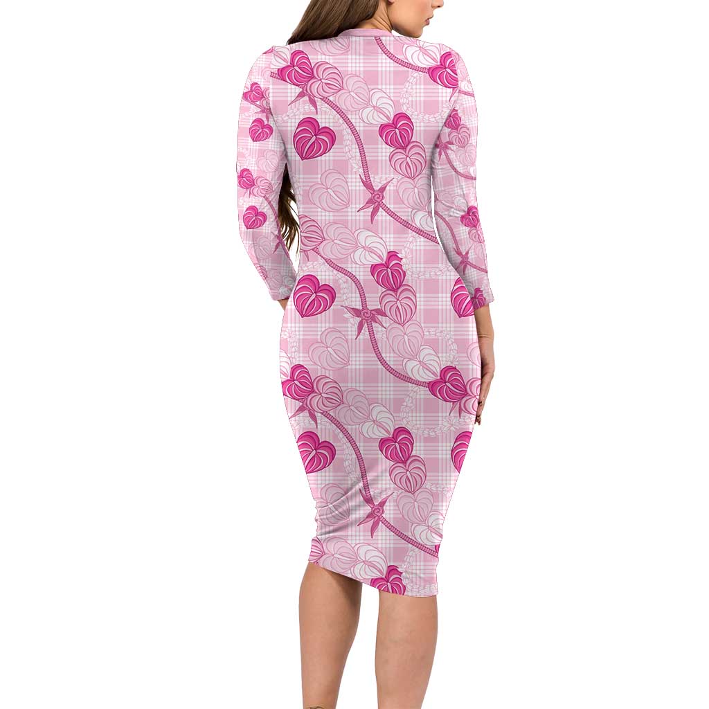 Anthurium Pikake Ti Leaf Palaka Long Sleeve Bodycon Dress Pink Version LT01 - Polynesian Pride