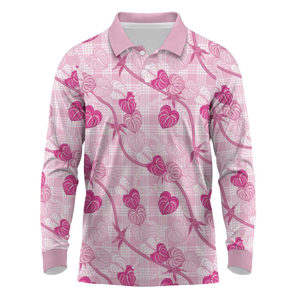 Anthurium Pikake Ti Leaf Palaka Long Sleeve Polo Shirt Pink Version LT01 Pink - Polynesian Pride