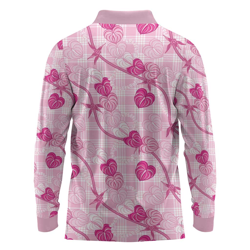 Anthurium Pikake Ti Leaf Palaka Long Sleeve Polo Shirt Pink Version LT01 - Polynesian Pride