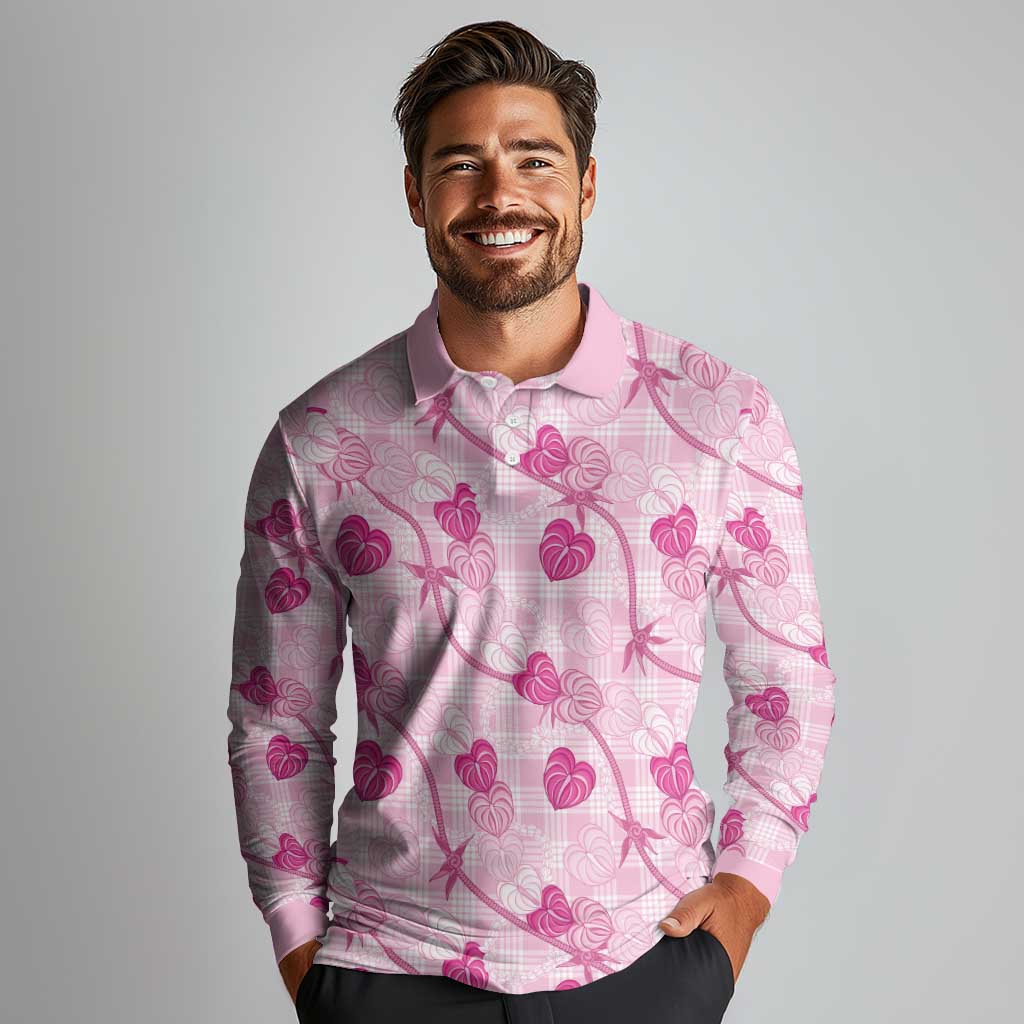 Anthurium Pikake Ti Leaf Palaka Long Sleeve Polo Shirt Pink Version LT01 - Polynesian Pride