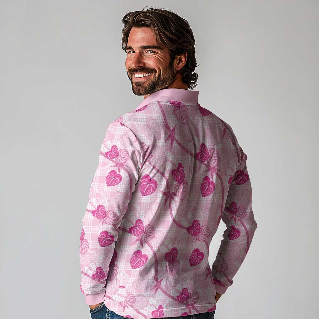 Anthurium Pikake Ti Leaf Palaka Long Sleeve Polo Shirt Pink Version LT01 - Polynesian Pride