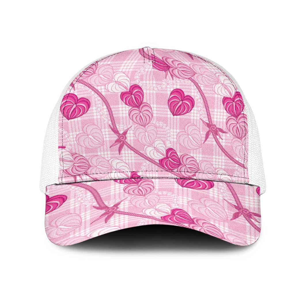Anthurium Pikake Ti Leaf Palaka Mesh Trucker Cap Pink Version LT01 One Size White Pink - Polynesian Pride