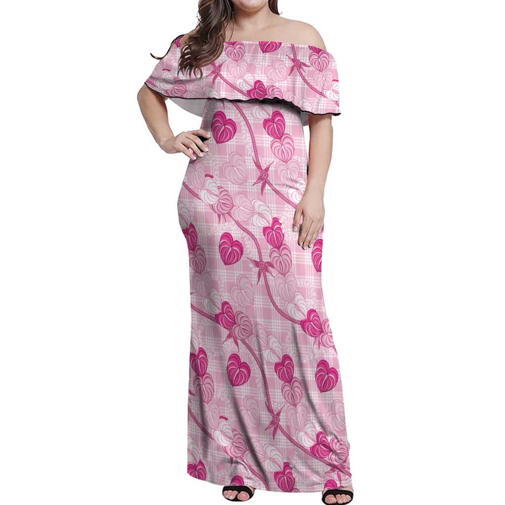 Anthurium Pikake Ti Leaf Palaka Off Shoulder Maxi Dress Pink Version LT01 Women Pink - Polynesian Pride
