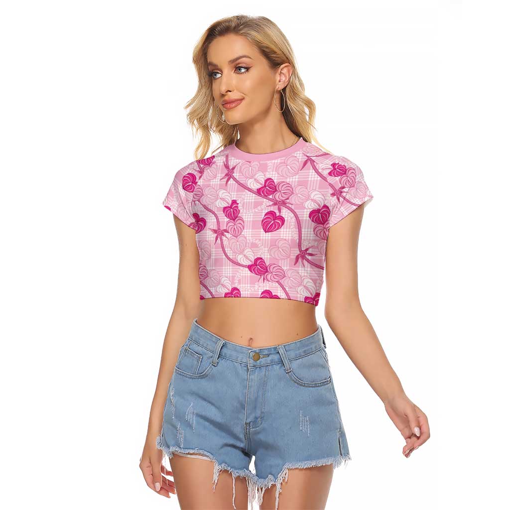 Anthurium Pikake Ti Leaf Palaka Raglan Cropped T Shirt Pink Version LT01 Female Pink - Polynesian Pride