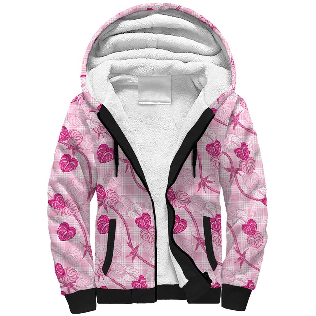 Anthurium Pikake Ti Leaf Palaka Sherpa Hoodie Pink Version LT01 Unisex Pink - Polynesian Pride