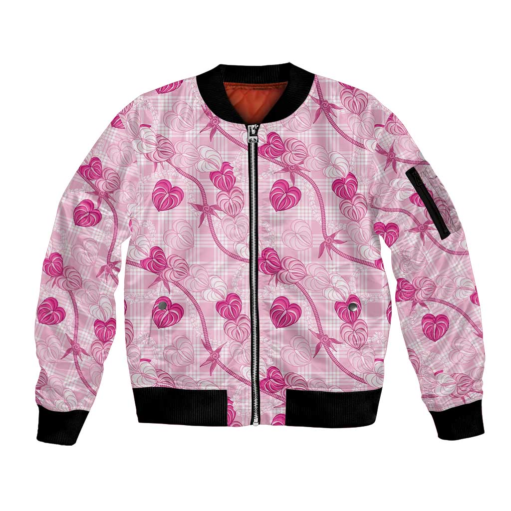 Anthurium Pikake Ti Leaf Palaka Sleeve Zip Bomber Jacket Pink Version