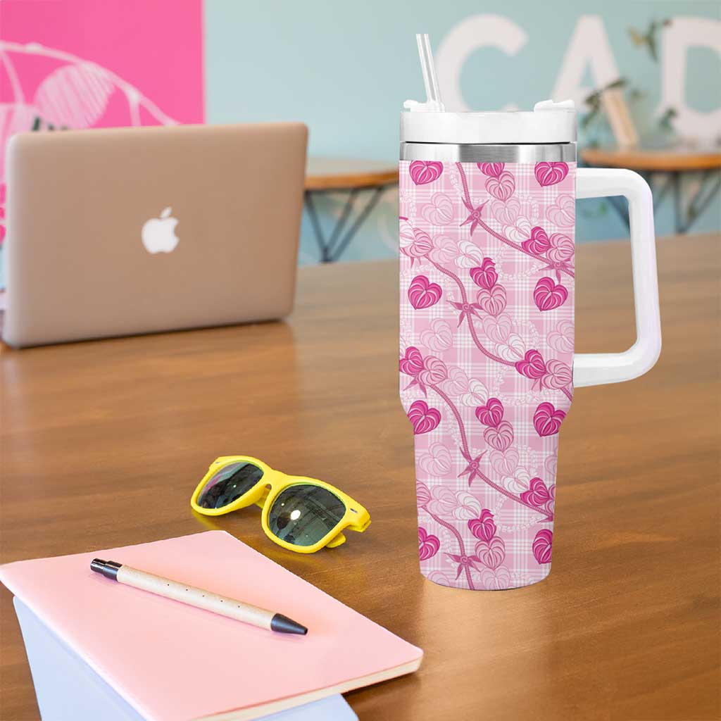 Anthurium Pikake Ti Leaf Palaka Tumbler With Handle Pink Version LT01 - Polynesian Pride