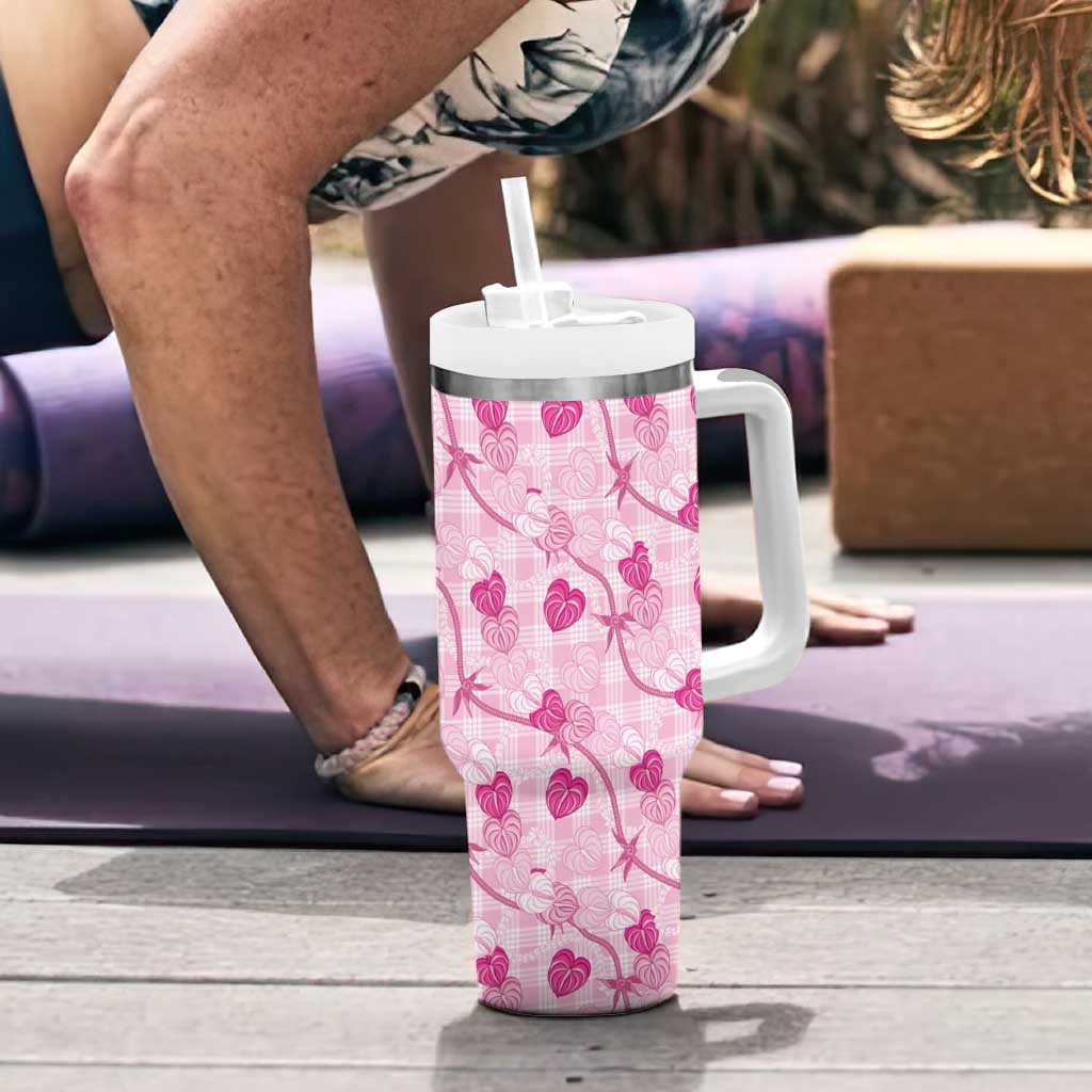 Anthurium Pikake Ti Leaf Palaka Tumbler With Handle Pink Version LT01 - Polynesian Pride
