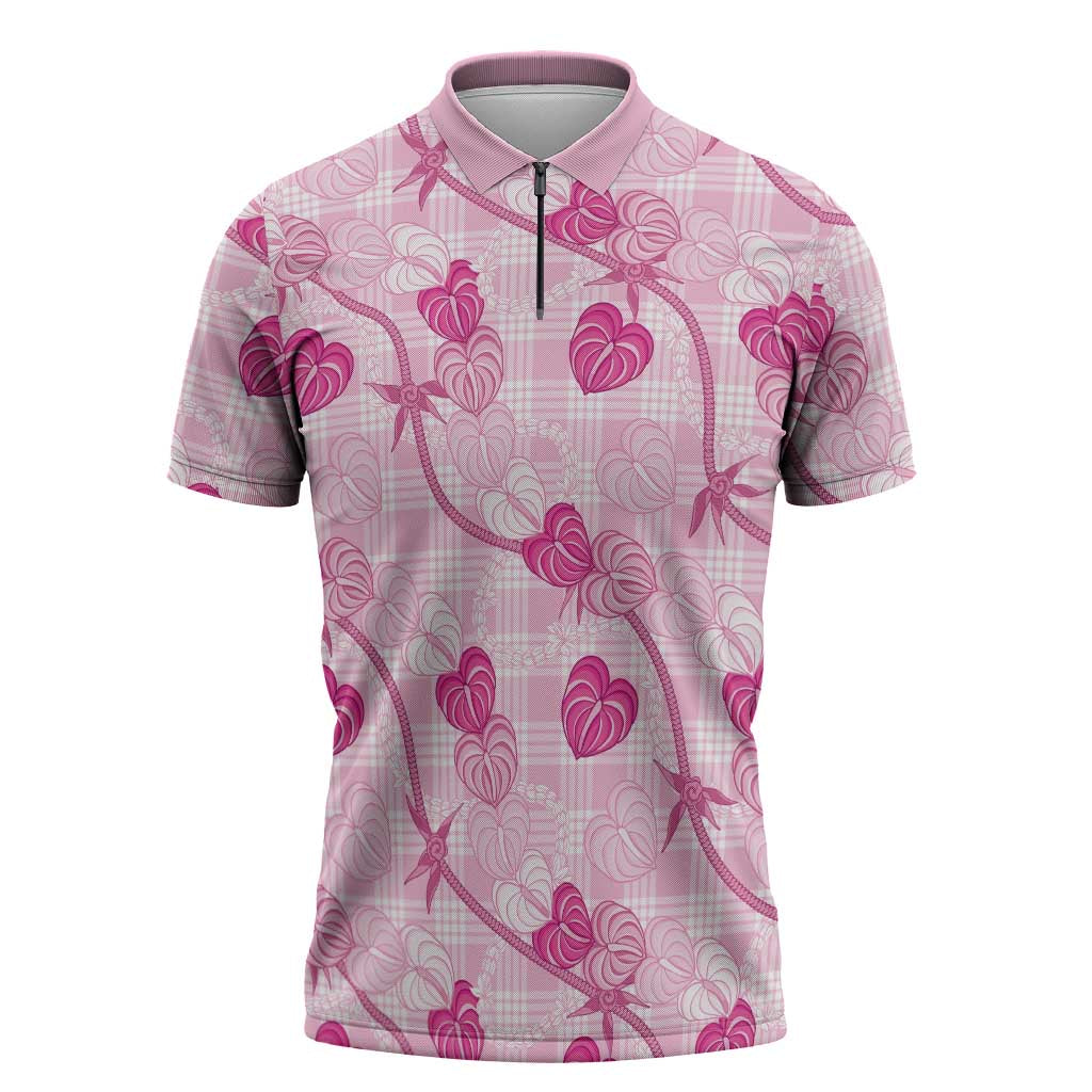 Anthurium Pikake Ti Leaf Palaka Zipper Polo Shirt Pink Version LT01 Pink - Polynesian Pride