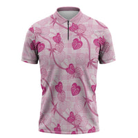 Anthurium Pikake Ti Leaf Palaka Zipper Polo Shirt Pink Version LT01 Pink - Polynesian Pride