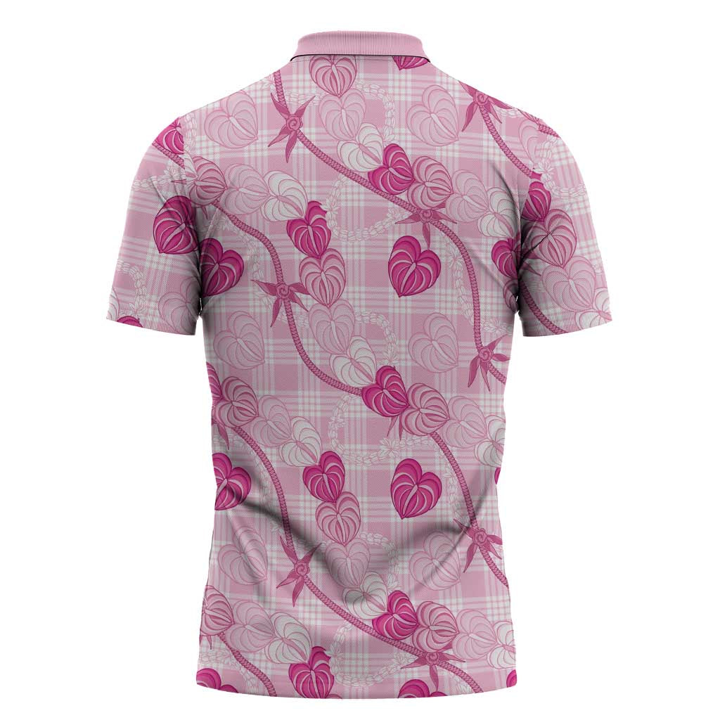 Anthurium Pikake Ti Leaf Palaka Zipper Polo Shirt Pink Version LT01 - Polynesian Pride
