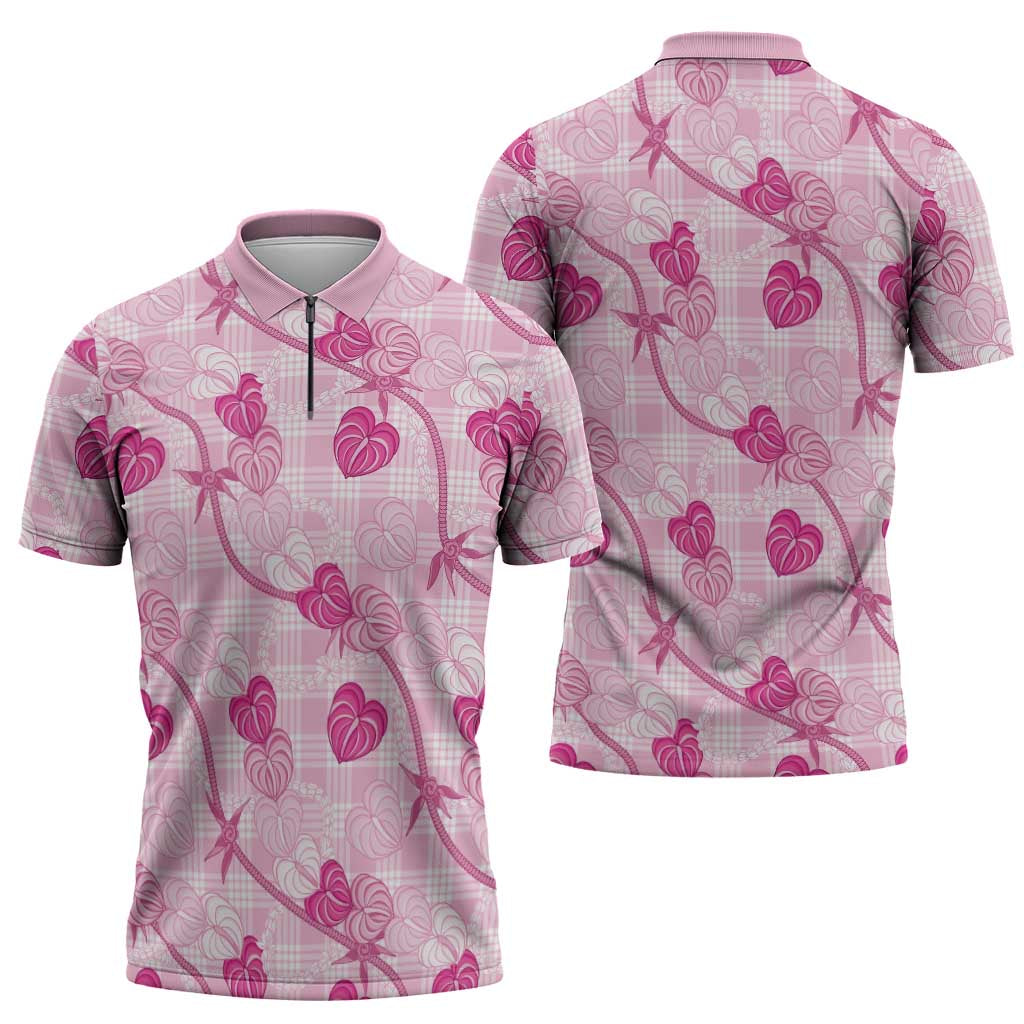 Anthurium Pikake Ti Leaf Palaka Zipper Polo Shirt Pink Version LT01 - Polynesian Pride