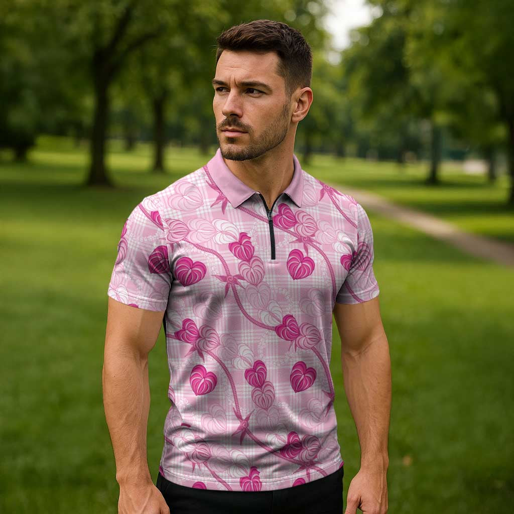 Anthurium Pikake Ti Leaf Palaka Zipper Polo Shirt Pink Version LT01 - Polynesian Pride