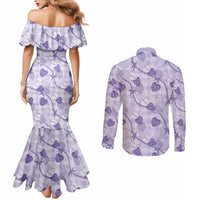 Anthurium Pikake Ti Leaf Palaka Couples Matching Mermaid Dress and Long Sleeve Button Shirt Purple Version LT01 - Polynesian Pride