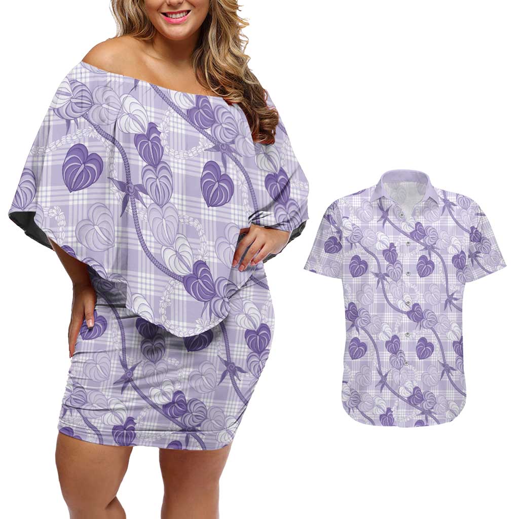 Anthurium Pikake Ti Leaf Palaka Couples Matching Off Shoulder Short Dress and Hawaiian Shirt Purple Version