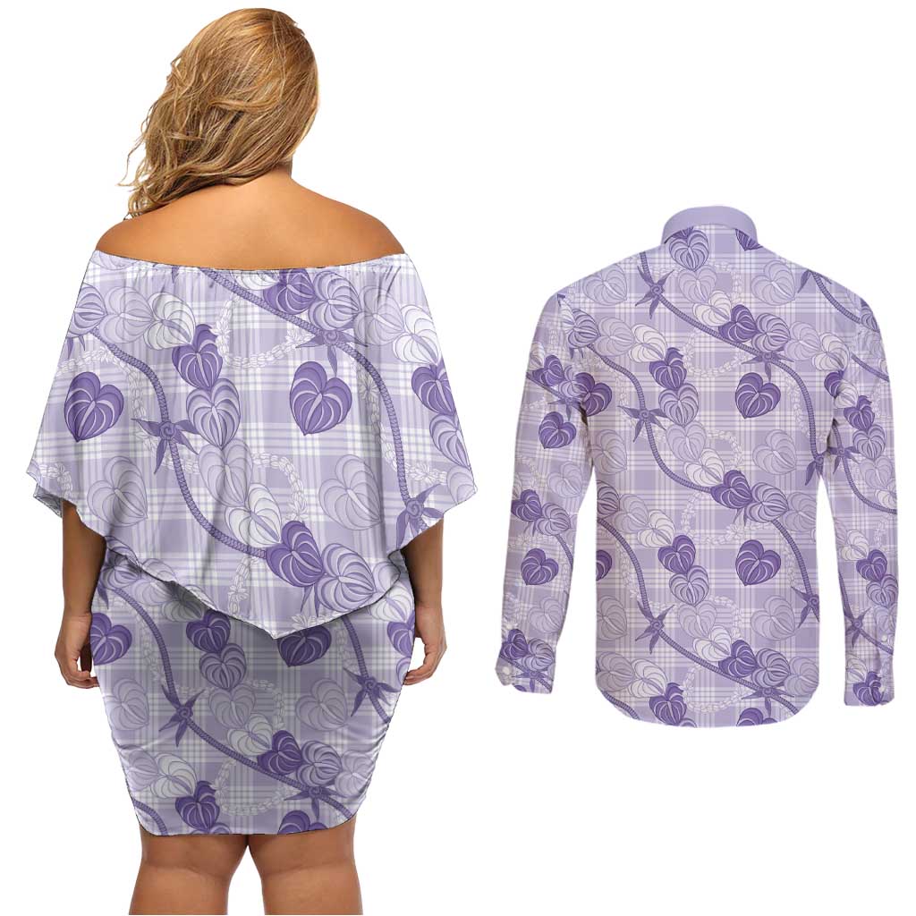 Anthurium Pikake Ti Leaf Palaka Couples Matching Off Shoulder Short Dress and Long Sleeve Button Shirt Purple Version LT01 - Polynesian Pride