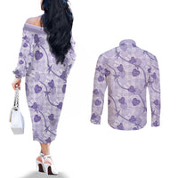 Anthurium Pikake Ti Leaf Palaka Couples Matching Off The Shoulder Long Sleeve Dress and Long Sleeve Button Shirt Purple Version LT01 - Polynesian Pride