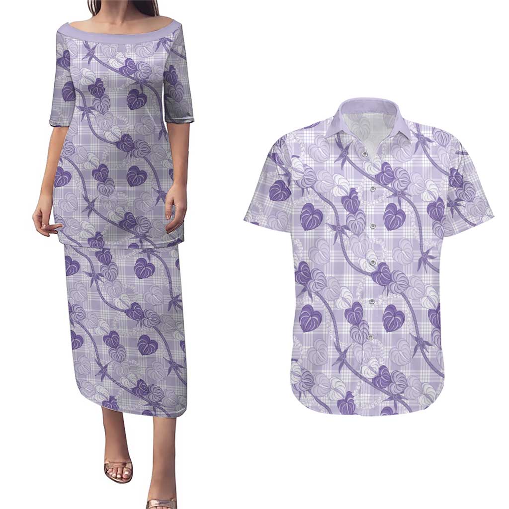 Anthurium Pikake Ti Leaf Palaka Couples Matching Puletasi and Hawaiian Shirt Purple Version LT01 Purple - Polynesian Pride