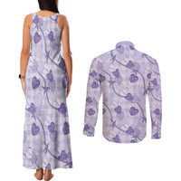 Anthurium Pikake Ti Leaf Palaka Couples Matching Tank Maxi Dress and Long Sleeve Button Shirt Purple Version LT01 - Polynesian Pride
