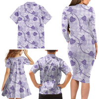 Anthurium Pikake Ti Leaf Palaka Family Matching Long Sleeve Bodycon Dress and Hawaiian Shirt Purple Version