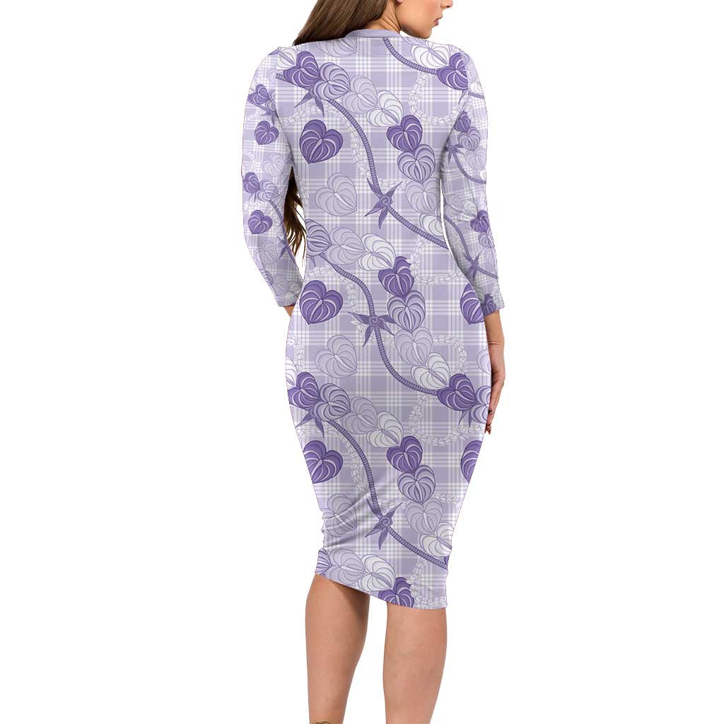 Anthurium Pikake Ti Leaf Palaka Family Matching Long Sleeve Bodycon Dress and Hawaiian Shirt Purple Version