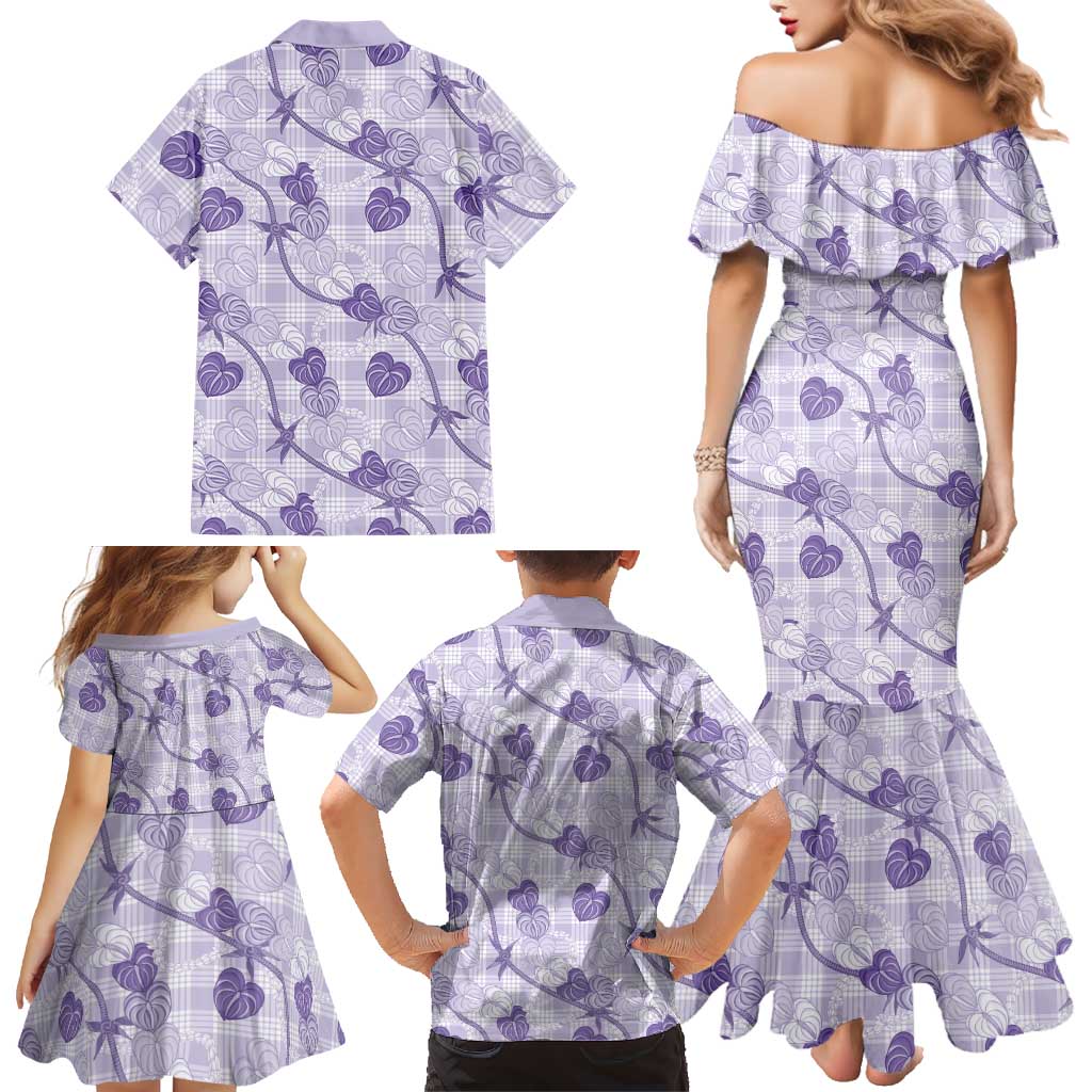 Anthurium Pikake Ti Leaf Palaka Family Matching Mermaid Dress and Hawaiian Shirt Purple Version