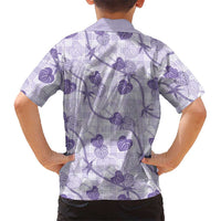 Anthurium Pikake Ti Leaf Palaka Family Matching Off The Shoulder Long Sleeve Dress and Hawaiian Shirt Purple Version