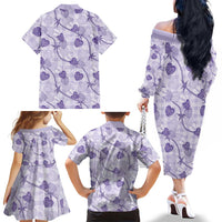 Anthurium Pikake Ti Leaf Palaka Family Matching Off The Shoulder Long Sleeve Dress and Hawaiian Shirt Purple Version