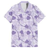 Anthurium Pikake Ti Leaf Palaka Family Matching Off The Shoulder Long Sleeve Dress and Hawaiian Shirt Purple Version