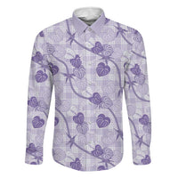 Anthurium Pikake Ti Leaf Palaka Family Matching Off The Shoulder Long Sleeve Dress and Hawaiian Shirt Purple Version
