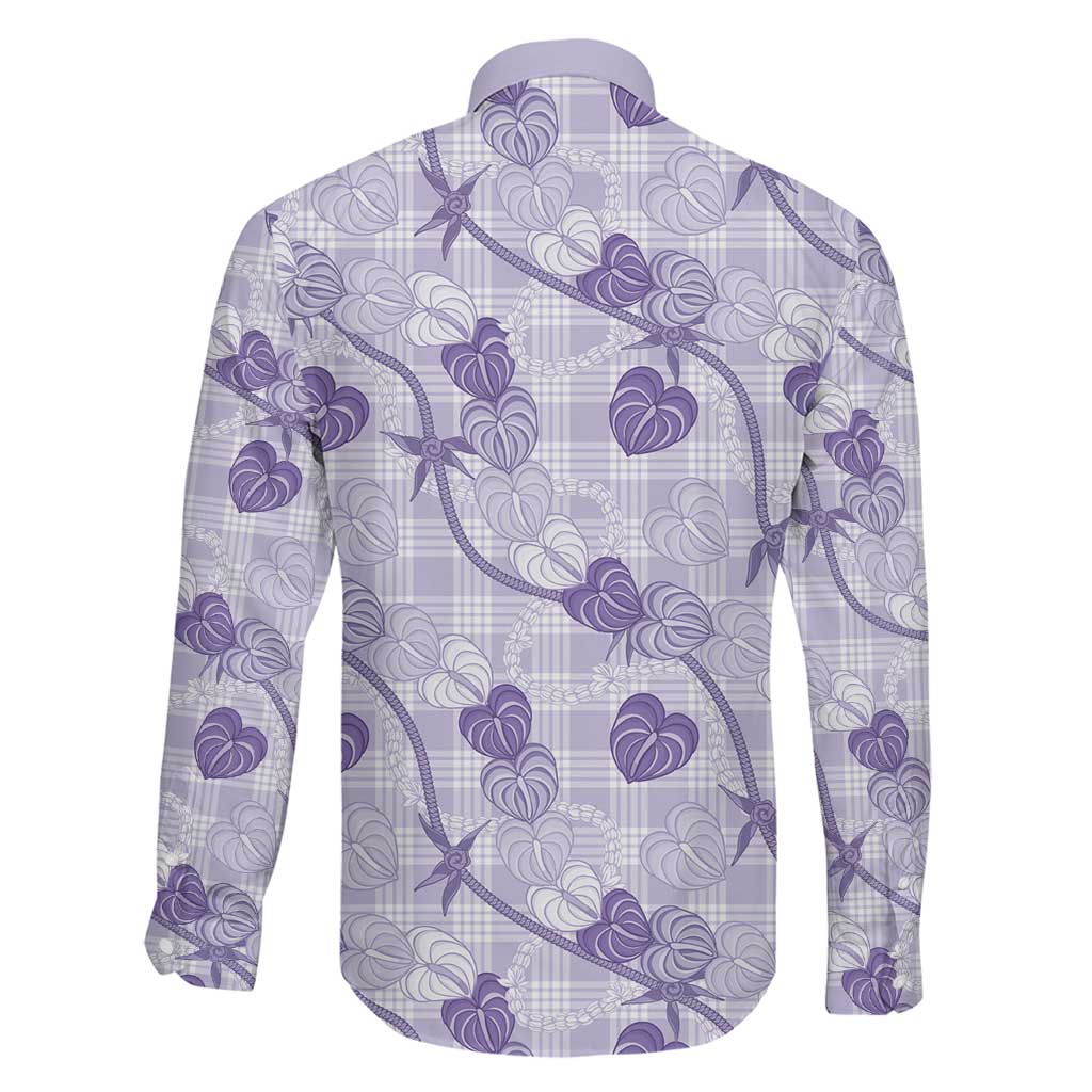 Anthurium Pikake Ti Leaf Palaka Family Matching Off The Shoulder Long Sleeve Dress and Hawaiian Shirt Purple Version